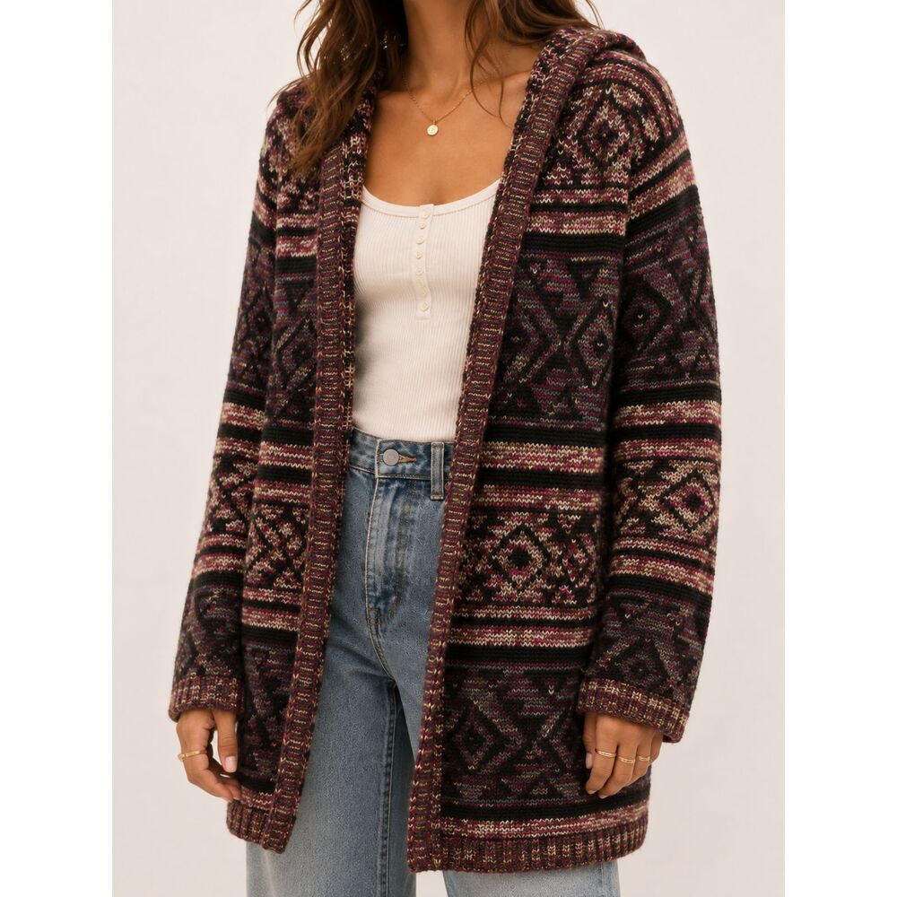 Absolutely Famous Hooded Aztec Cardigan L Boho Southwestern Longline Sweater